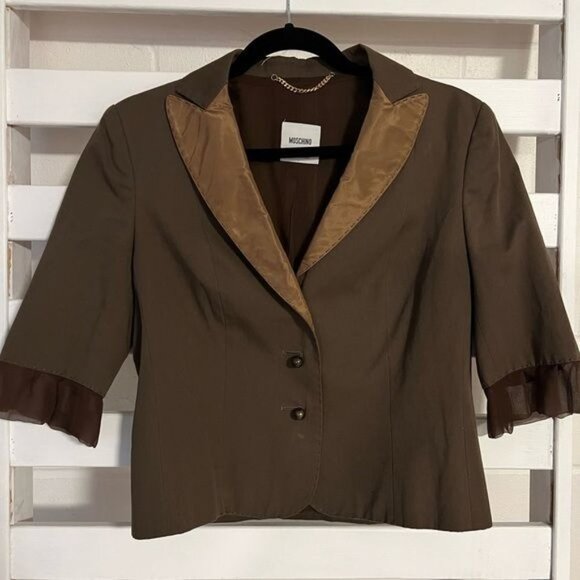MOSCHINO Brown Blazer Jacket With Ruffled Sleeve Size US 10 - Picture 7 of 16